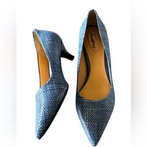 Trotters Paulina Leather Blue Textured Weave Pointed-Toe Kitten Heel Pumps